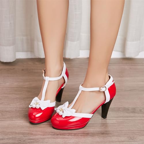 Image of Elbslutt Women's Cute Retro Rockabilly Shoes T Strap Mary Janes Heels Chunky Cosplay Shoes Sweet Block Heeled Bow Pumps