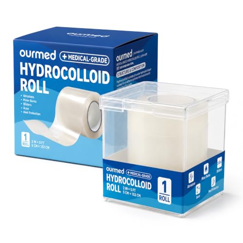 Image of Ourmed Hydrocolloid Bandage Roll, 2in x 5ft Cut-to-Size Self-Adhesive Dressing with Storage Box, Waterproof Flexible Wound Cover for Acne Care, Blisters, Minor Cuts & Home First Aid
