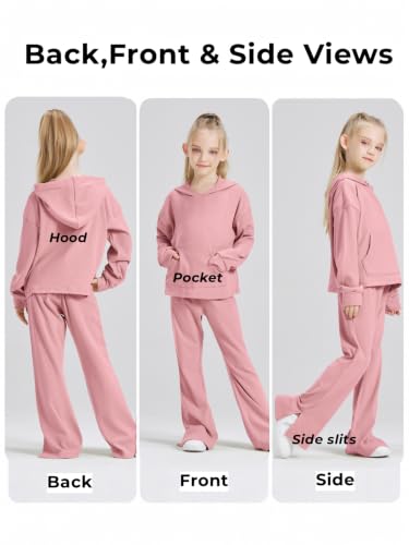Image of Girls 2 Piece Hoodie Bell Bottom Sweatsuit Fall Outfit Set | Long Sleeve,front pocket,side-slit flare,machine washable,soft rayon-blend,skin-friendly,stretchy,durable