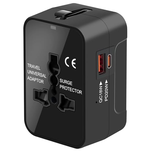 Universal Travel Adapter Worldwide, GaN Fast Charging with PD 3.0 USB-C & USB-A Quick Charge Ports, All-in-One International Power Plug Adapter Converter AC Wall Charger for Europe USA UK AUS Black