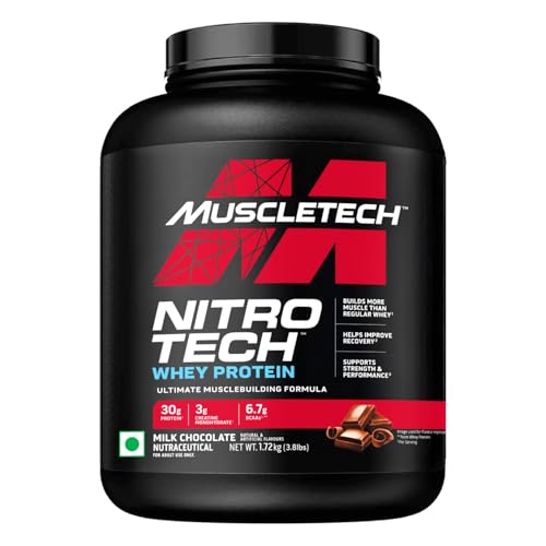 Image of MuscleTech Nitro-Tech Whey Protein, 1.72kg (3.8lbs), Milk Chocolate, 30g Protein, 3g creatine monohydrate, 6.7g BCAA, ultimate muscle building formula, increase strength & performance