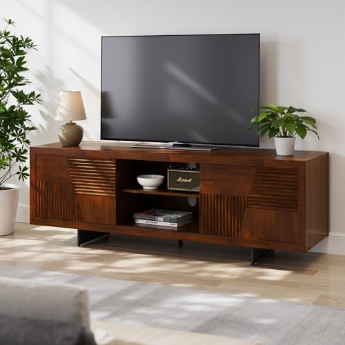 Image of Trapeze TV Stand for Living Room - Wooden Media Console with Storage, Metal Legs, Large Walnut TV Stand for Stylish Home Entertainment Setup