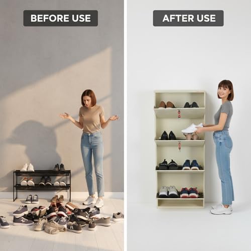 Image of 4 Door Wall Mounted Metal Shoe Rack Cabinet with Lock | Space Saving Shoe Storage Cabinet | Dustproof & Ventilated Shoe Organizer for Home, Entryway, Bedroom & Balcony | Ivory | 52 x 21 x 6 Inch