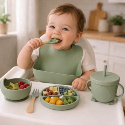 Image of 6PCS Silicone Baby Feeding Set - Suction Plate, Bowl, Bib, Spoon, Fork, Cup - BPA-Free, Non-Toxic, Microwave & Dishwasher Safe for Toddlers 6+ Months - Green