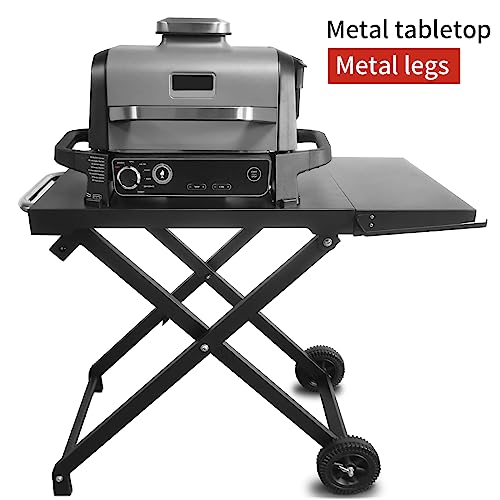 BSARTE METAL Collapsible Grill Stand and Cover Fits Ninja Outdoor XSKSTAND for Woodfire OG701 OG751 (OG700 Series) Grills with Side Shelf, Tissue Holder, Side Handle, Heavy Duty Steel Foldable Stand