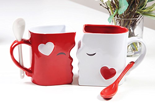Blu Devil Kissing Mugs Set, Anniversary & Wedding Gifts, Exquisitely Crafted Two Large Cups & Spoons For Couples, For Him And Her On Valentines, Birthday, Engagement #TOP3