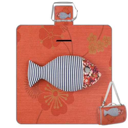 Shimoshe Picnic Blankets 57”x 59”, Tribe Flower Stripe Fish Waterproof Sandproof Picnic Mat Lightweight Foldable Beach Blanket for Camping Park Grass Beach Outdoor Blanket