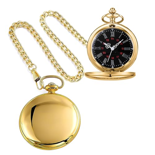 Image of Tiong Smooth Vintage Pocket Watch with Chain Roman Numerals Scale(Gold)