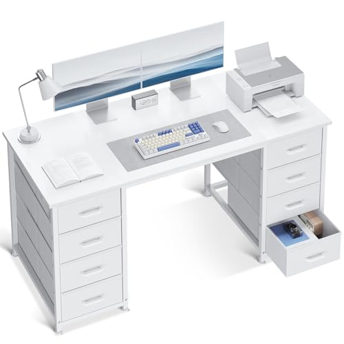 ODK 48 Inch White Computer Desk with 8 Fabric Drawers, Modern Office Desk with Large Storage for Home Office, Study, Gaming, White