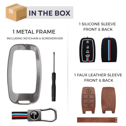 Image of KEYCEPT Metal Key Cover Compatible for Kia Seltos | Sonet | Carens 4 Button Smart Key with Keychain (Dual Black & Tan).