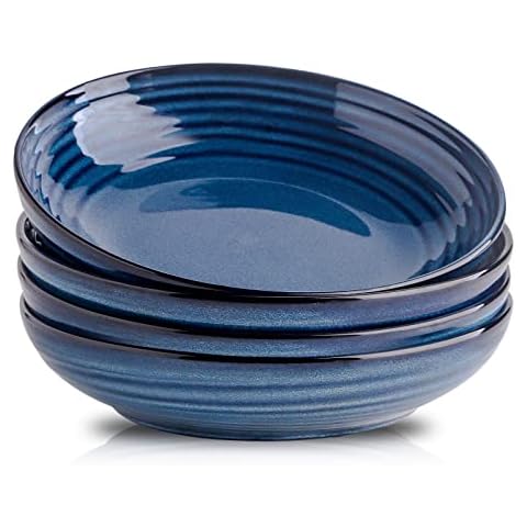 Hasense Pasta Bowl Set of 4, 30 Ounce Salad Bowls for Kitchen, 8.7 inch Large Ceramic Serving Bowls for Pasta Salad Dinner Soup, Stackable Shallow Bowls, Microwave Dishwasher Safe, Navy Blue Cover