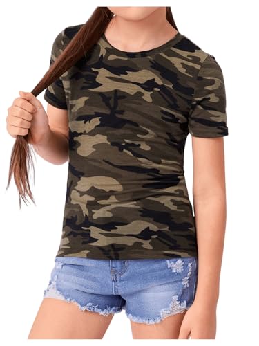 Girl's Camo Print Short Sleeve Tee Shirt Crew Neck Summer Casual Tee Tops