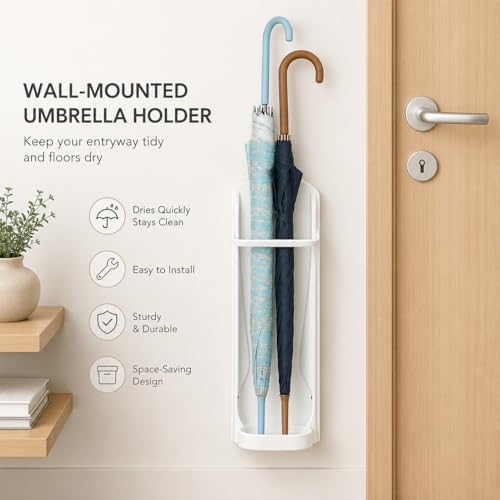 Image of Wall Mounted Umbrella Holder for Home & Office Space Saving Umbrella Storage Rack with Water Drip Tray, Self Adhesive Umbrella Organizer for Entryway, Hallway & Door
