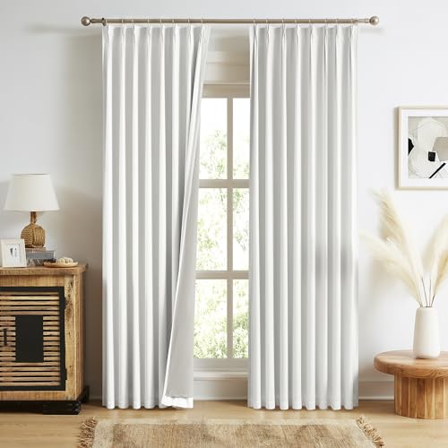 MAIHER Total Blackout Pinch Pleat Curtains 108 Inches Long Linen Textured Greyish White Full Shade Thermal Insulated Double Pleated Drapes with Back Tab Hooks for Bedroom, 50" W x 108" L, 2 Panels