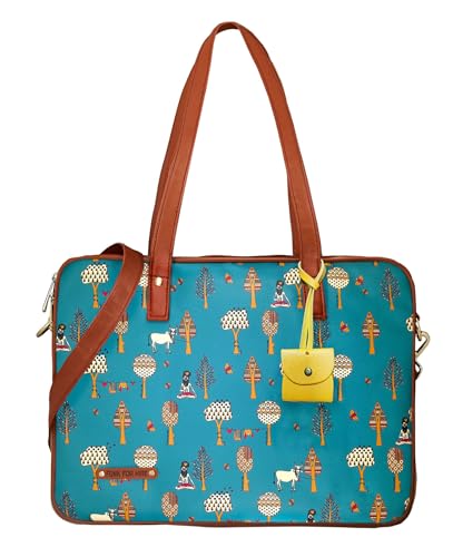 Image of Funk For Hire Women's Teal Blue Printed Vegan Leather 15.6 inch Laptop Handbag Sling with Waterproof Nylon Lining Cushioned Sleeve Adjustable Padded Shoulder Strap