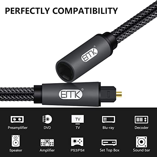 Image of EMK Optical Audio Cable(6.6ft /m) Toslink Male to Female Audio Adapter Cable,Extension Adapter Nylon Braided Cord Compatible for Home Theater, Sound Bar, TV,Xbox,and More,Black