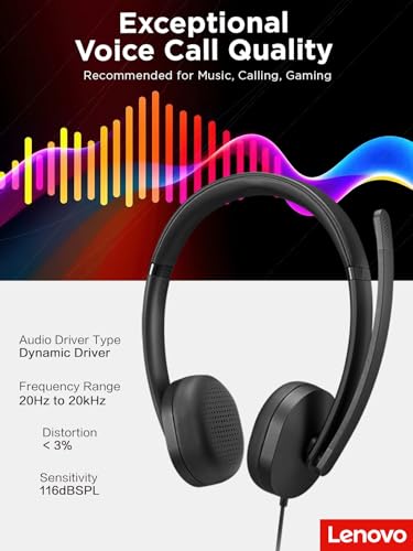 Image of Lenovo 115 USB-A /USB-C Wired Stereo Headset - Lightweight, Noise-Cancelling, in-Line Control Box, USB-A to USB-C Adapter, Over-Ear Design, Headset with Mic for PC and Laptop, Black