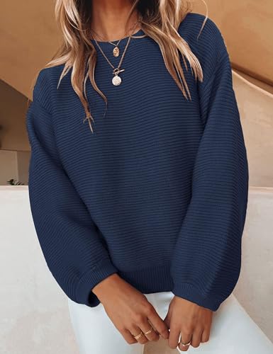 Image of ZESICA Women's Crew Neck Long Lantern Sleeve Fall 2026 Casual Loose Ribbed Knit Solid Soft Pullover Sweater Tops