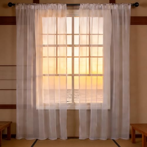 Cortinas blancas con ojales de 110 x 139 cm y visillos translúcidos efecto lino 2