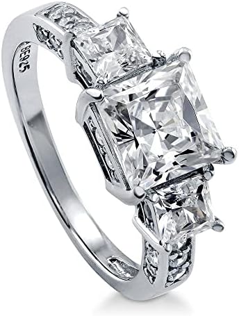 BERRICLE Sterling Silver 3-Stone Wedding Engagement Rings Princess Cut Cubic Zirconia CZ Anniversary Ring for Women, Rhodium Plated Size 7