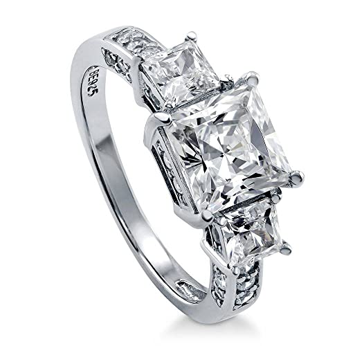 Berricle Sterling Silver 3-Stone Wedding Engagement Rings Princess Cut Cubic Zirconia Cz Anniversary Ring For Women, Rhodium Plated Size 7 #TOP24