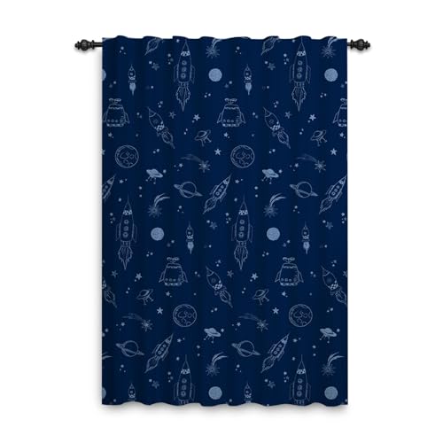 ggaimwf Rideaux spatiaux pour Enfants Rocket Galaxy Planet Bleu Marine Chambre à Coucher sur Le thème de l'espace Rideaux de Porte et fenêtre pour garçon...