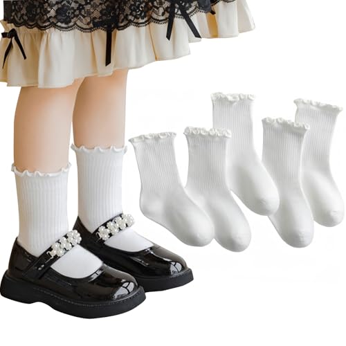 Delgent Niñas Calcetines de algodón Crew Mujer Vestido con volantes Calcetines Ruffle Pack de 5(L:5-7 años,Blanco)