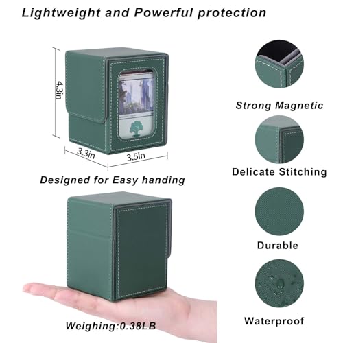 Image of AFIING MTG Deck Box for Commander Display,Card Deck Box Fits 100 Double Sleeved Cards, Magic Commander TCG Card Storage case with 2 Dividers,Dice Bag and 1 Toploader(Green /Grey)