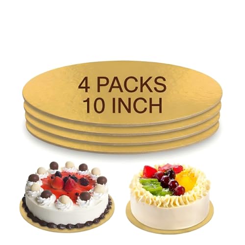 NbutWynee Cake Boards, 4 Packs 10-inch/25cm Cake Boards, Fit for 6-9 inch Cakes, Gold Round Cardboard Base for Cake, Pizza DIY, Food-Grade Waterproof and Oilproof for Desserts Decorating
