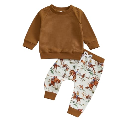 Image of Muasaaluxi Western Baby Boy Clothes Long Sleeve Sweatshirt Tops Horse/Cow Print Jogger Pants Waffle Fall Winter Outfit