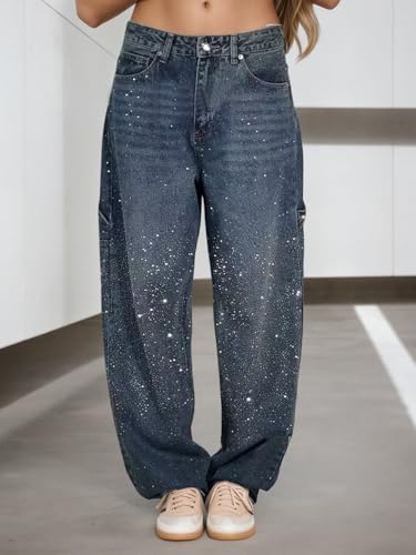 Women's Rhinestone Jeans Plus Size Wide Leg Denim Pants Casual Baggy Sparkly Trousers2