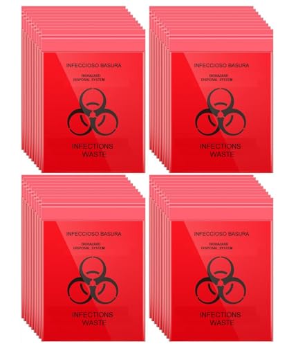AmeriCan Goods 100/Bx Biohazard Waste Bags 6\" x 6\" Disposable Medical Red Plastic Self-Adhesive Biohazard Waste Bags