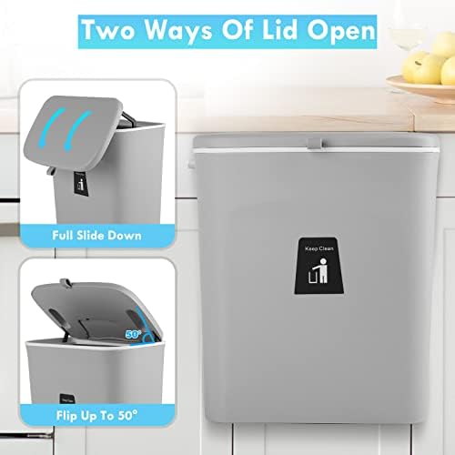 KWANITHINK Hanging Kitchen Bin with Lid, Cupboard Bins for Kitchen Cabinet Door, Trash Can Waste Bins Under Sink Counter Top, Trash Bin for Bedroom Bathroom Office Motorhome 9L (Grey)