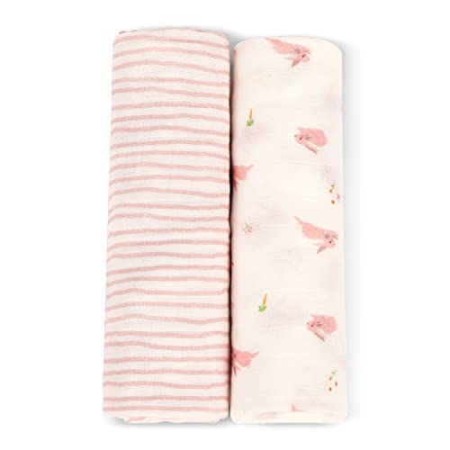 Image of Bamboo Little Viscose Muslin Baby Swaddle Receiving Blanket, Bunny & Pink Wave