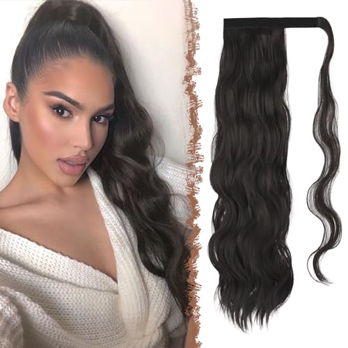 FESHFEN Coleta Rizada Pelo, 60 cm Largo Ondulado Wavy Ponytail Extension Marrón Oscuro Cola de Caballo Extensiones Clip Postizos para Mujeres