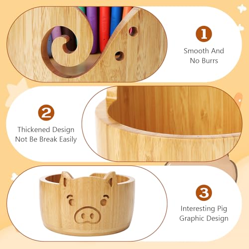 Image of Wooden Pig Yarn Bowl Set, 6.7in x 4.1in Large Yarn Bowl for Crocheting, Complete Crochet Accessories Kit with 12 Size Crochet Hooks, Tape Measure, Counter, Scissors & Storage Bag