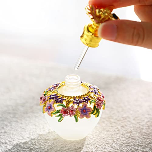 YU FENG Vintage Glass Flowers Perfume Bottle with Bee Charm Decorative Fancy Crystal Perfume Decanter Empty Refillable(Golden,40ML)