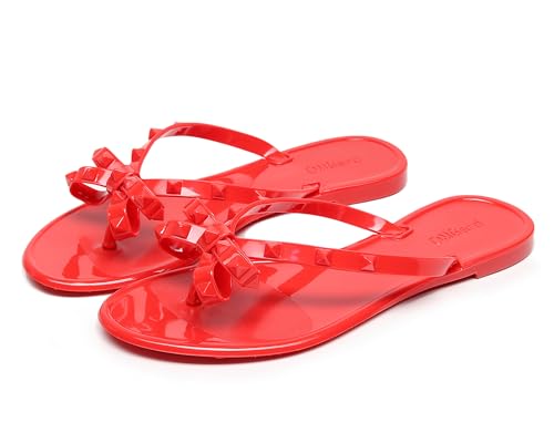 Image of Studded Jelly Shoes for Womens Bow Flip Flops Jellies Sandals Flat Black Summer Beach Thong with Rivets Strappy Slides Slip On