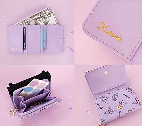 Image of Kuromi Black Face Purse Adorable Japanese Kawaii Cartoon Kitty's Friends Design Cute Pattern Purple Trifold Compact Card Cash Wallet with Coin Zipper Pocket