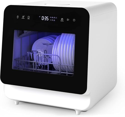 Lavavajillas portátil para encimera, mini lavavajillas con tanque de agua integrado, programas, ciclo de secado, control táctil, pulverización de arranque retardado y configuración de manguera/sin