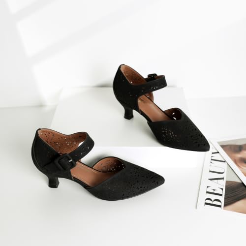 Image of RIBONGZ Comfortable Kitten Heels for Women Pointed Closed Toe Ankle Strap Buckle Heels Slip on Low Heel Church Pumps Wedding Bridal Party Dressy Shoes