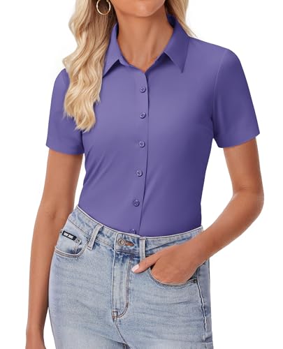 Image of siliteelon Womens Button Down Shirt Slim Fit Stretch Short Sleeve Dress Shirt Wrinkle Free Collared Business Work Blouse Top