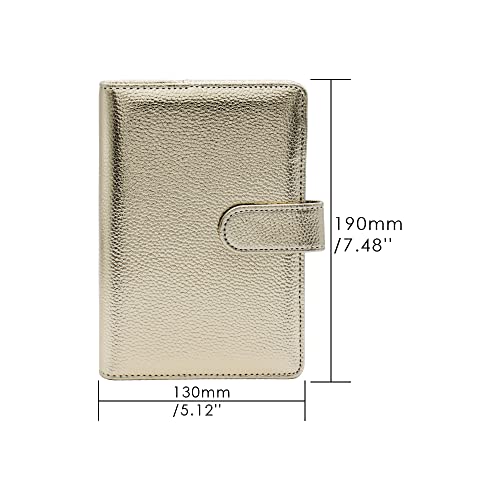 A6 Capa de fichário de couro PU dourado recarregável, 6 anéis, capa de caderno de folhas soltas com