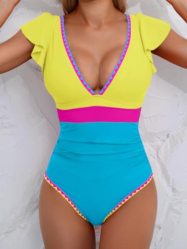 Image of Aidonger Women's One Piece Ruffle Swimsuit Tummy Control Bathing Suit V Neck Shell Stitched Swim Suit Slimming Swimwear