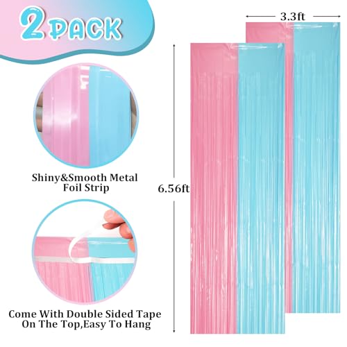 Image of Voircoloria 2 Pack Pastel Blue and Pink Foil Fringe Backdrop Curtains, Tinsel Streamers Party Decorations, Fringe Backdrop for Gender Reavel, Baby Shower Party