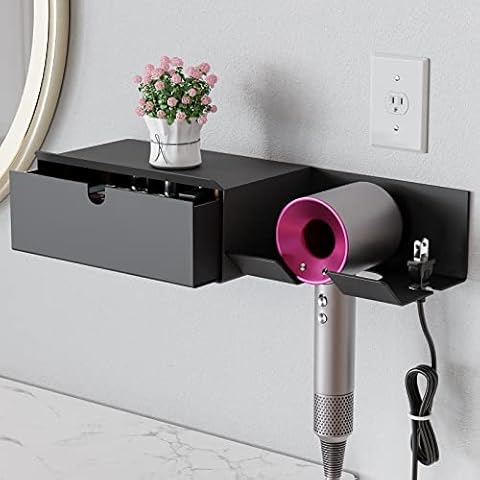 Tindbea Hair Dryer Holder Wall Mounted + Acrylic Drawer Storage, Hair Accessories Organizer, Blow Dryer Holder for Vanity, Hair Dryer Bracket for Dyson, Matte Black Cover