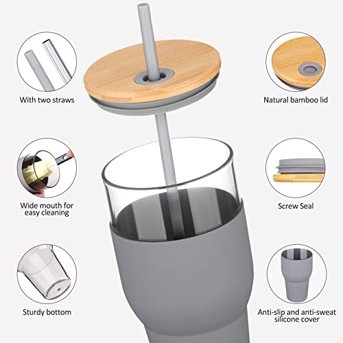 Kytffu 32Oz Glass Tumbler With Straw And Lid, Reusable Boba Smoothie Cup Iced Coffee Tumbler With Silicone Sleeve, Fits Cup Holder Glass Water Bottle Bpa Free, Gray #TOP1