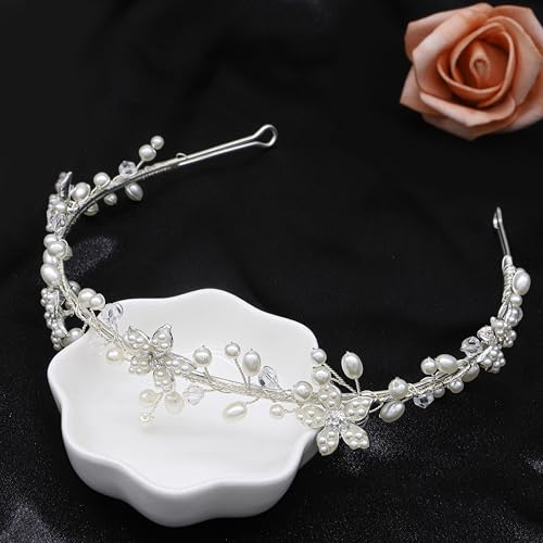 Oriamour Flower Girl Headpiece, Flower Girl Hair Accessory, Silver Wedding Headband for Girls, Princess Crystal Pearl Hair Accessories for Birthday, Party, First Communion,Wedding