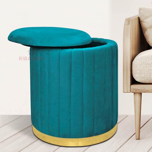 Image of Round Velvet Luxurious Storage Ottoman, Pouf with Storage Vanity Stool Chair,Upholstered Foot Rest Stool with Gold Strip Base for Living Room or Bedroom (Aqua., Large-40Dx40Wx46H)