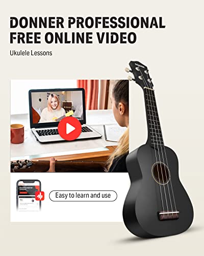 Image of Donner Soprano Ukulele for Beginner 21 Inch Matte Ukulele Beginner Kit with Bag Strap Tuner Strings Picks Cloth, Free Online Lessons, Holiday Christmas & Birthday Gift (Black)